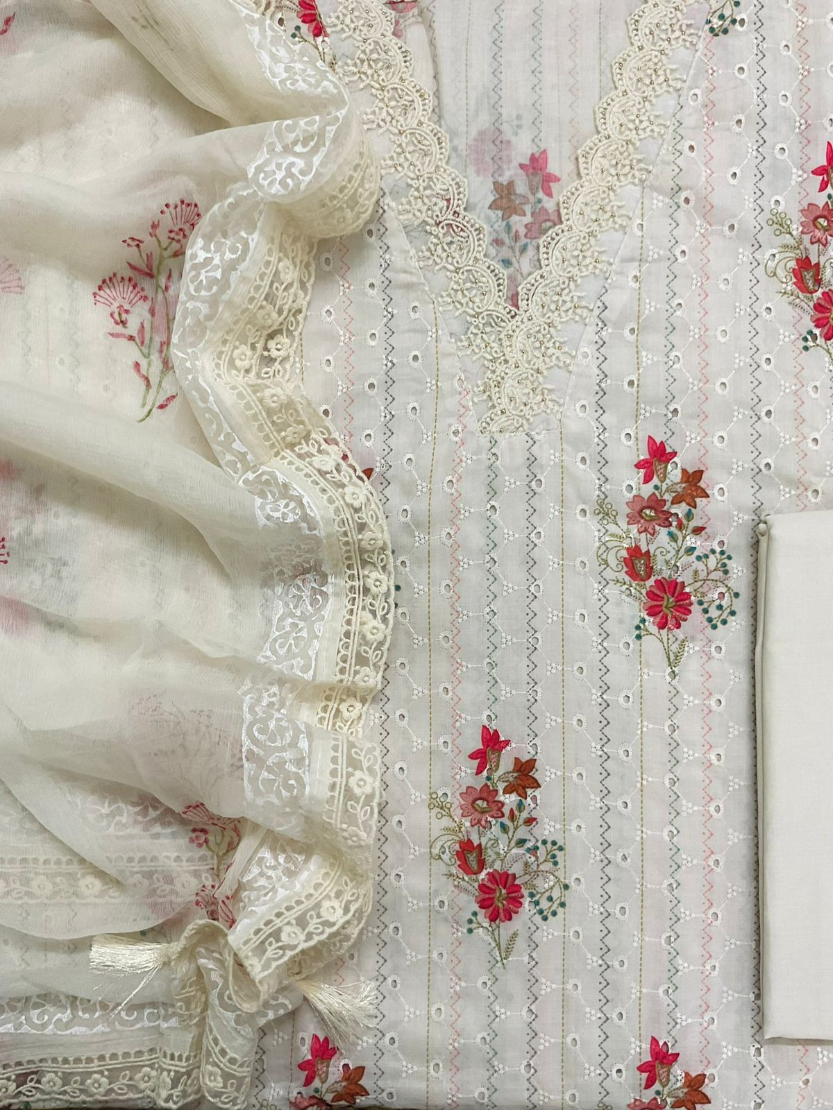 Pure Hakoba Cotton Printed Embroidered Suit - Off White