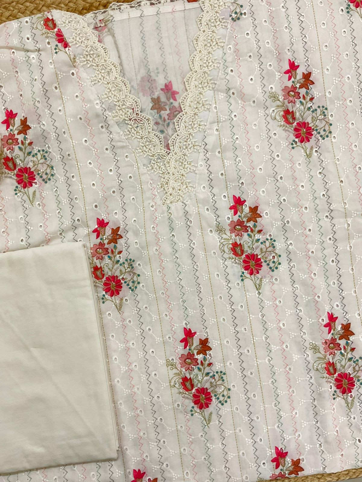 Pure Hakoba Cotton Printed Embroidered Suit - Off White