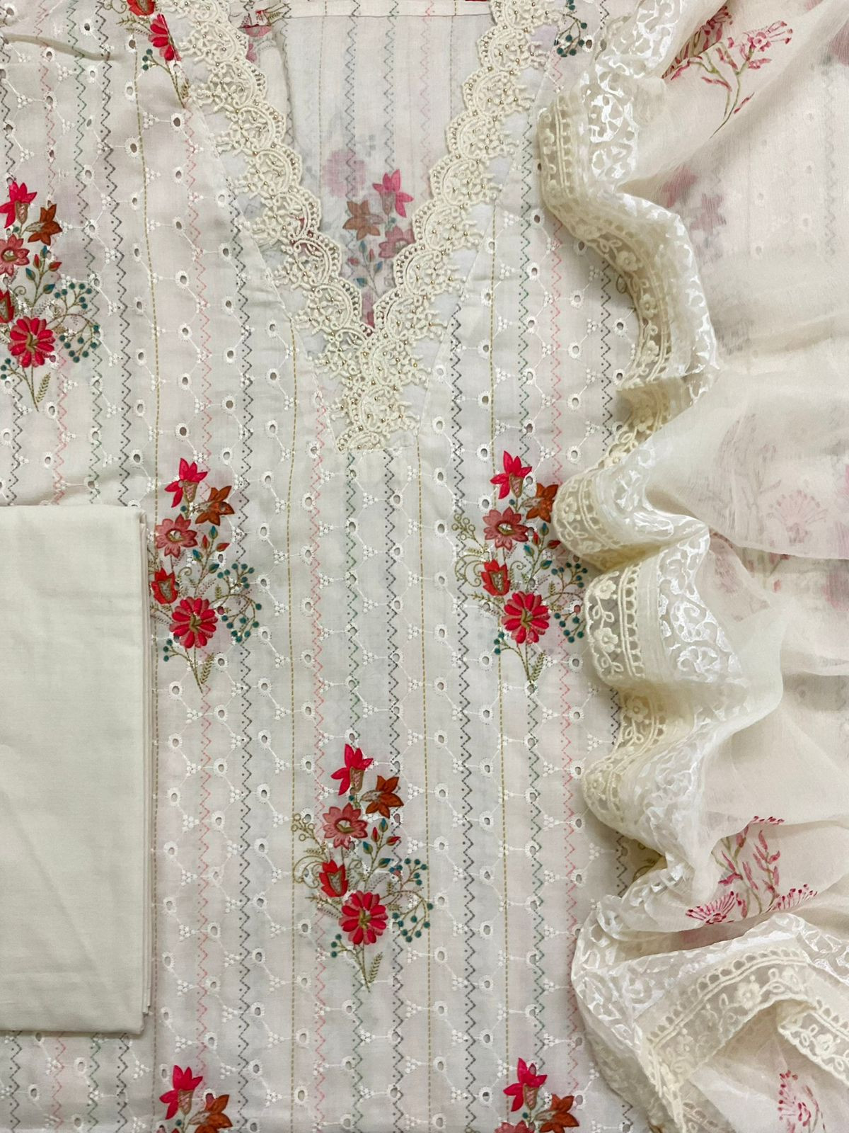 Pure Hakoba Cotton Printed Embroidered Suit - Off White