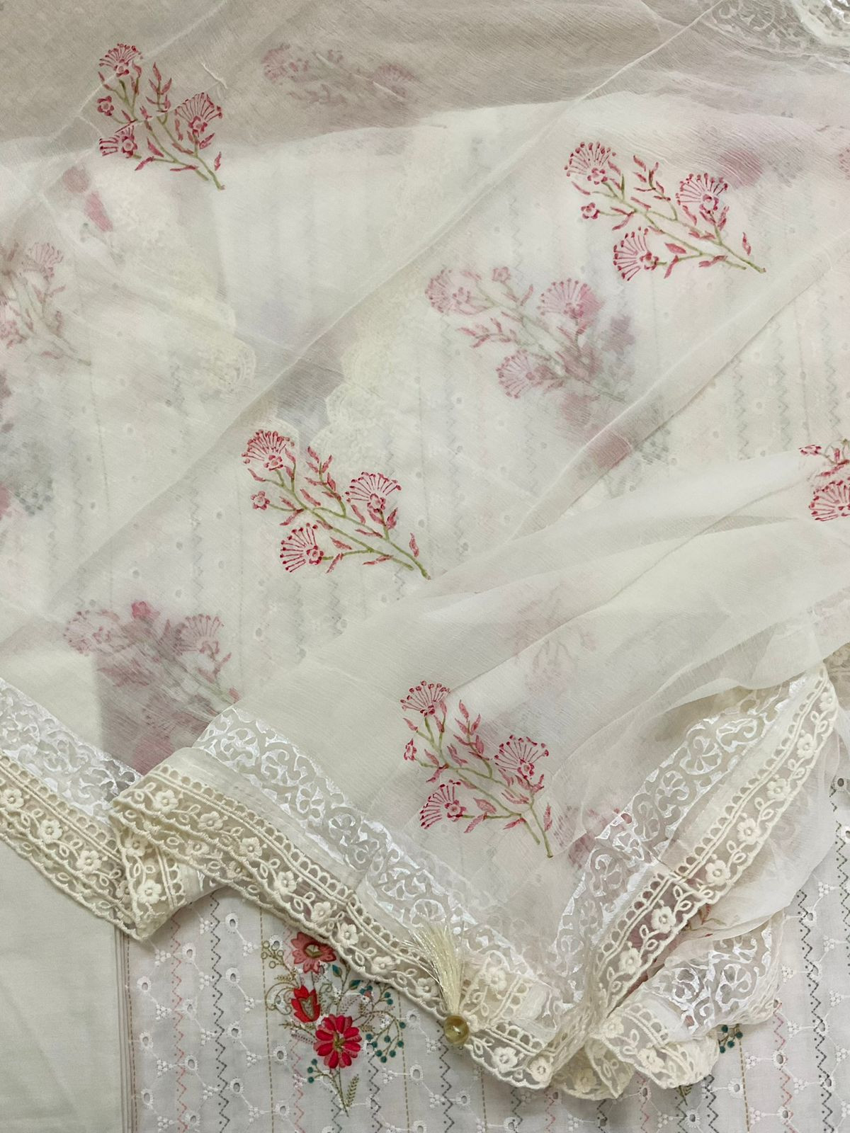Pure Hakoba Cotton Printed Embroidered Suit - Off White