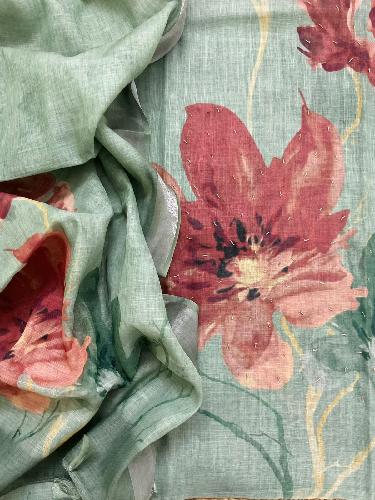 Soft Linen Jute Cotton Printed Embroidered Suit - Green