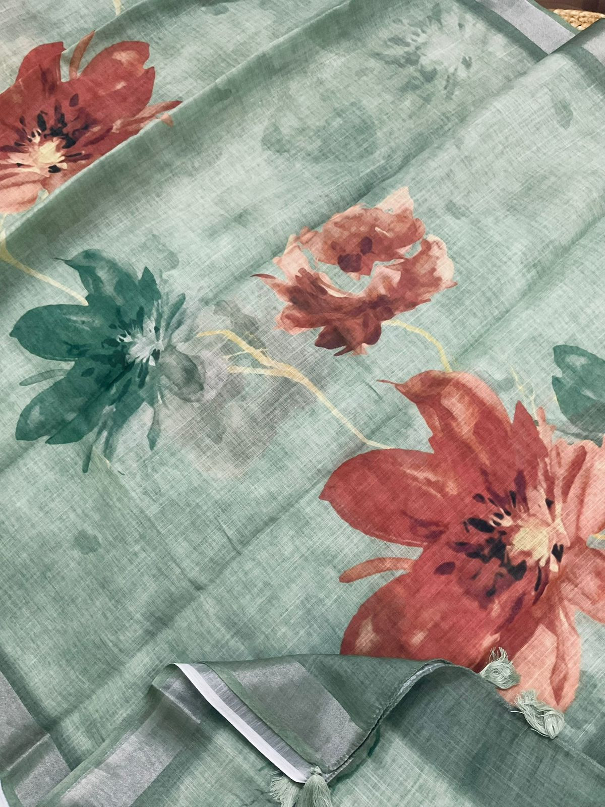 Soft Linen Jute Cotton Printed Embroidered Suit - Green