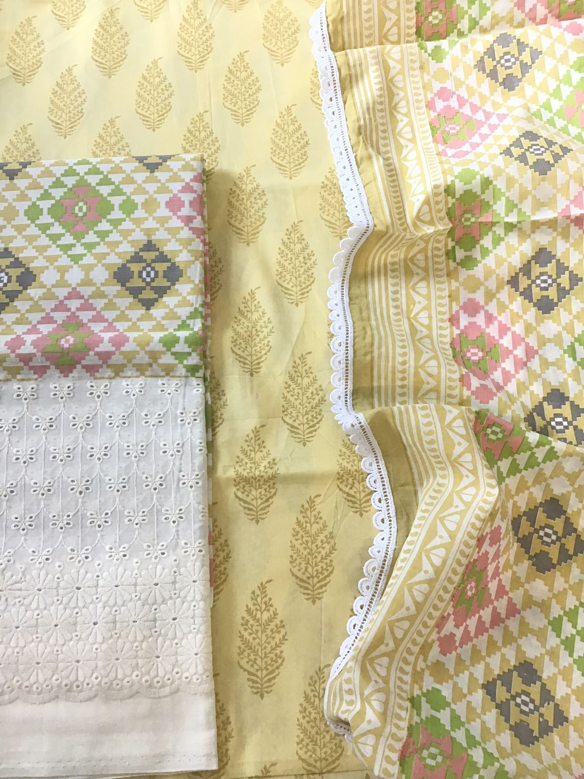 Pure Cotton Printed Embroidered Suit - Yellow