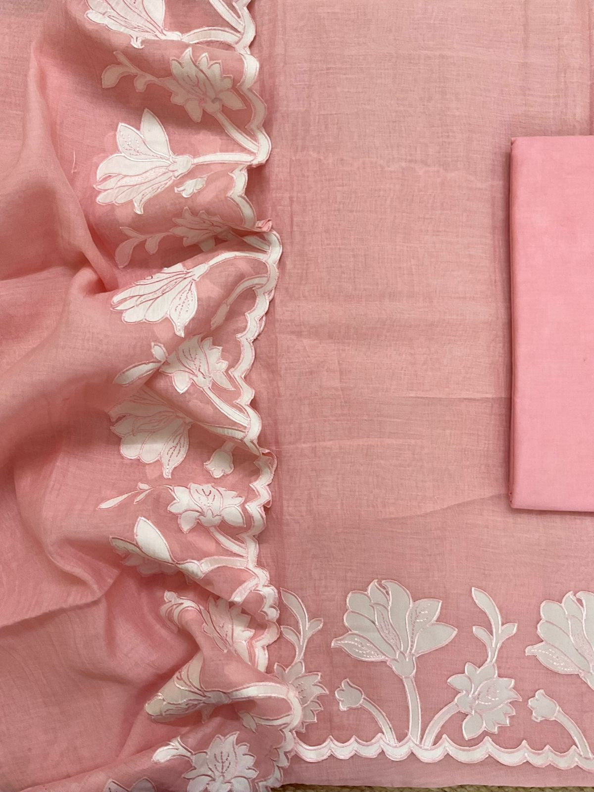 Pure Mul Chanderi Embroidered Suit - Peach