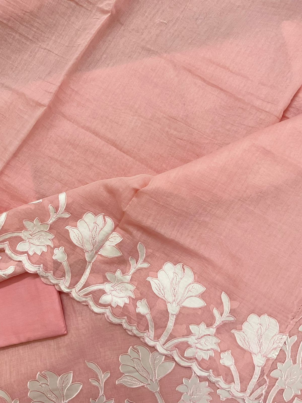 Pure Mul Chanderi Embroidered Suit - Peach