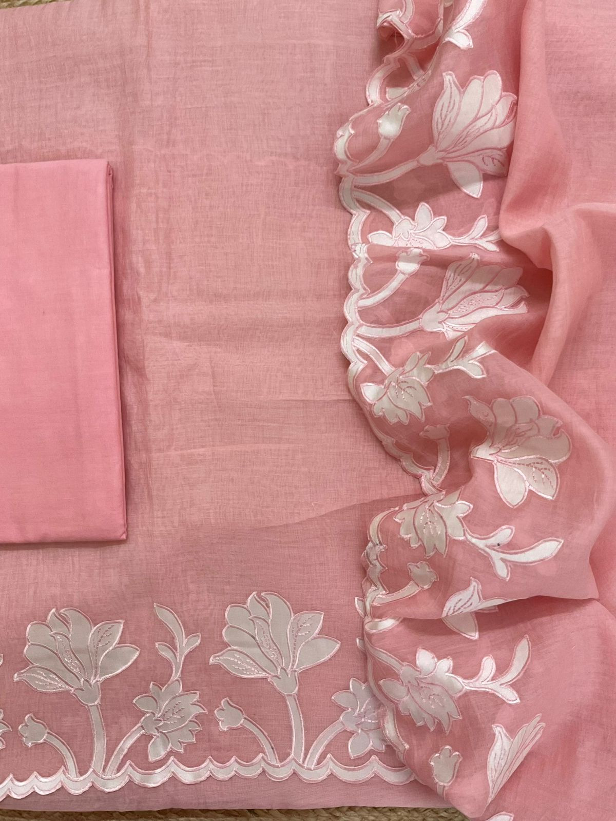Pure Mul Chanderi Embroidered Suit - Peach