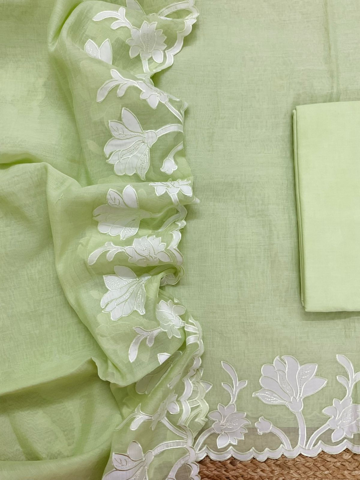 Pure Mul Chanderi Embroidered Suit - Green
