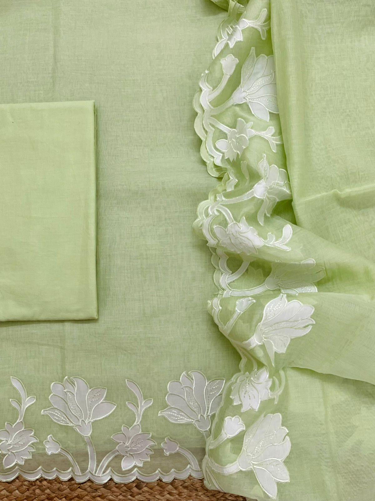 Pure Mul Chanderi Embroidered Suit - Green