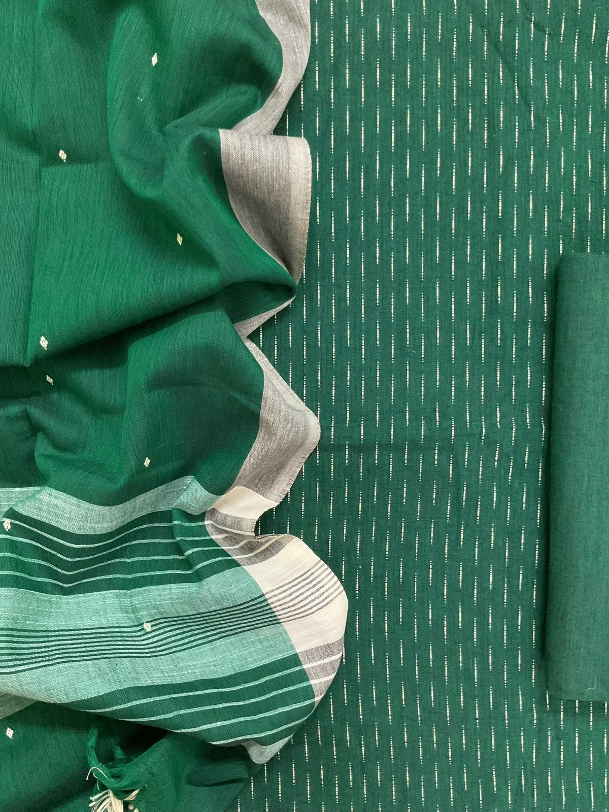Pure Handloom Cotton Self Weaved Suit - Green