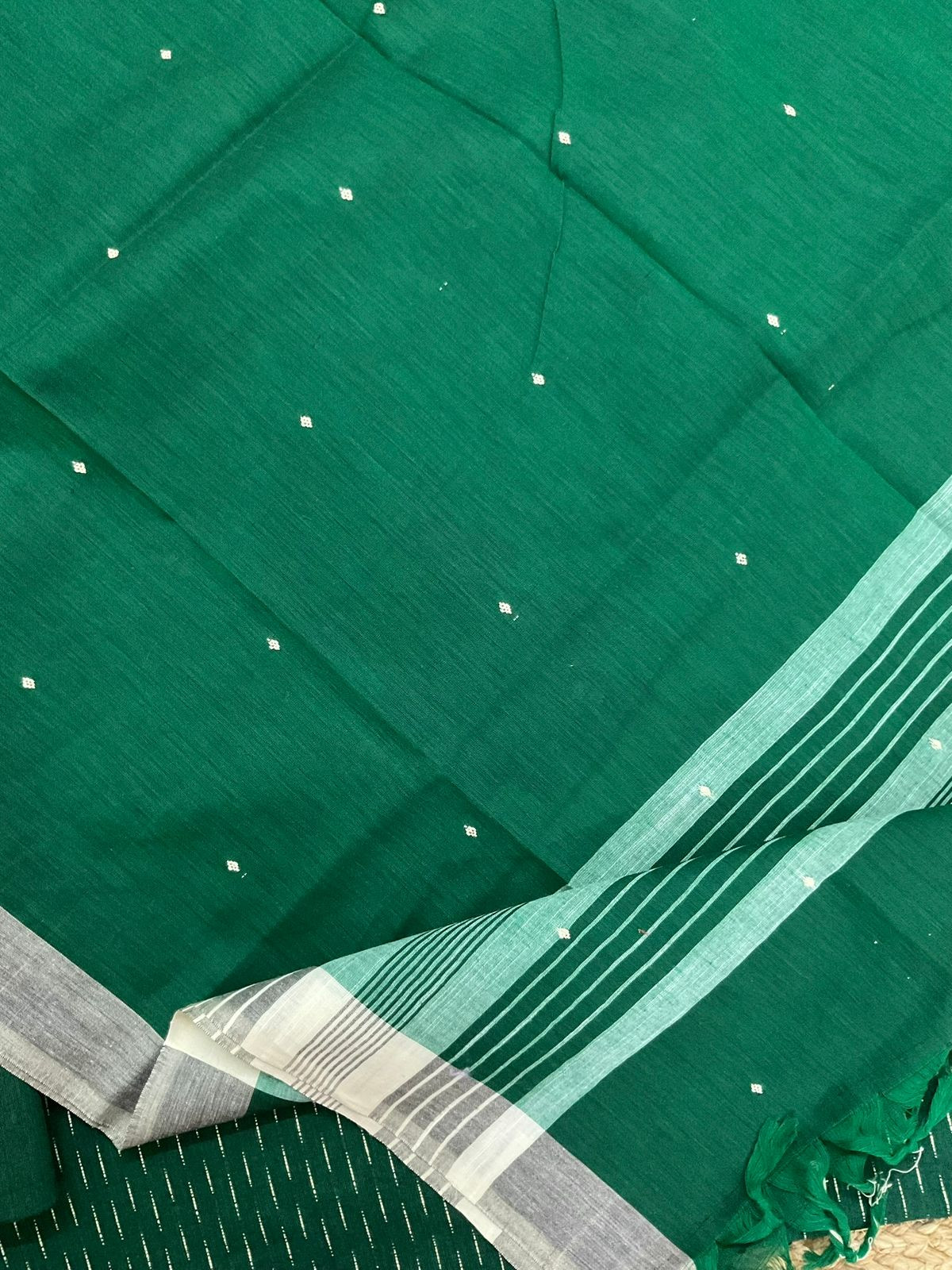 Pure Handloom Cotton Self Weaved Suit - Green