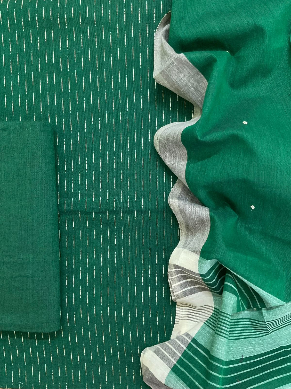 Pure Handloom Cotton Self Weaved Suit - Green