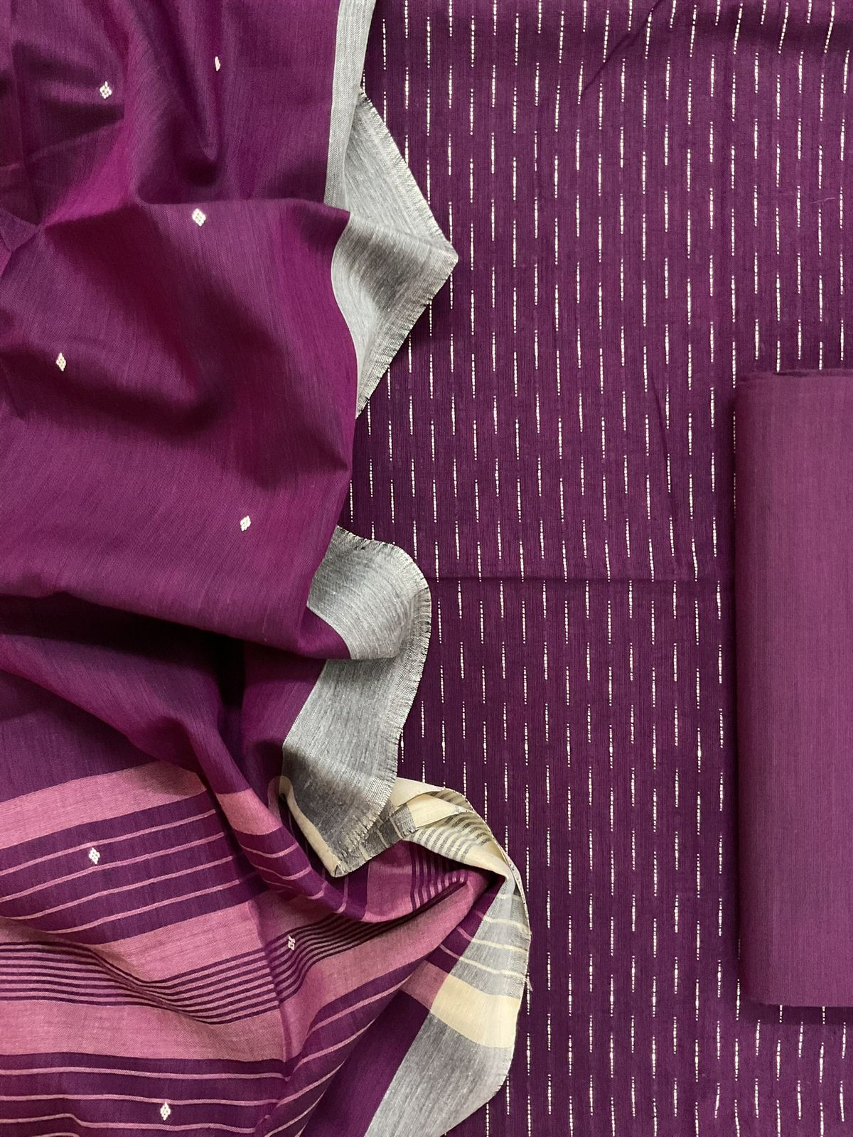 Pure Handloom Cotton Self Weaved Suit - Wine