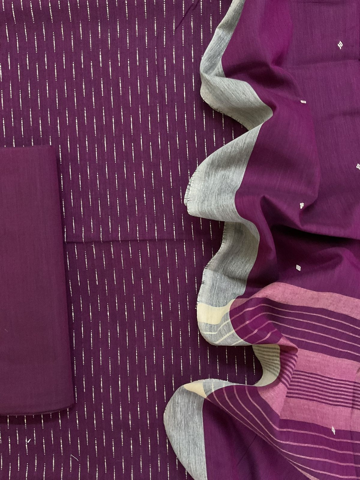 Pure Handloom Cotton Self Weaved Suit - Wine