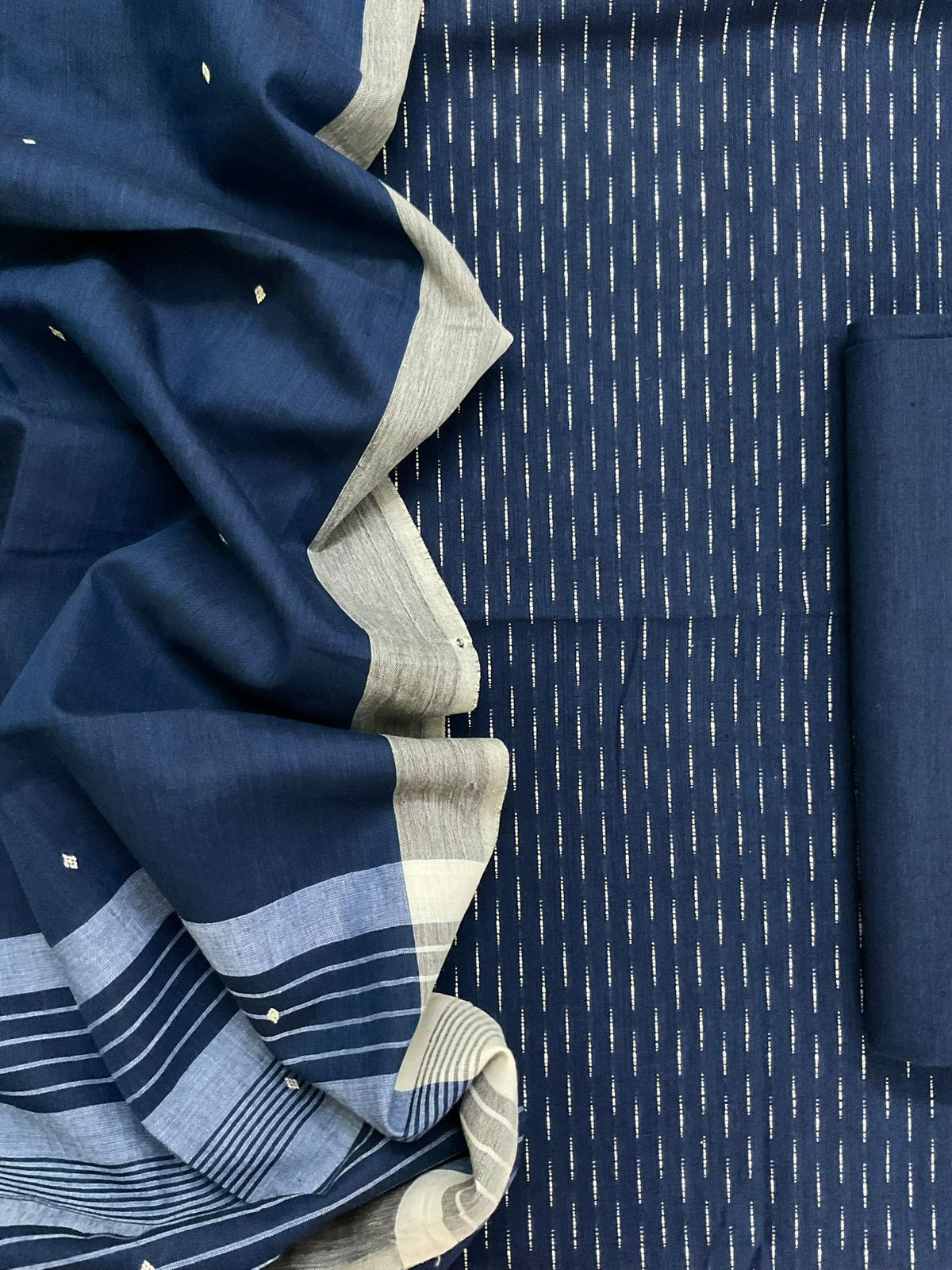 Pure Handloom Cotton Self Weaved Suit - Blue