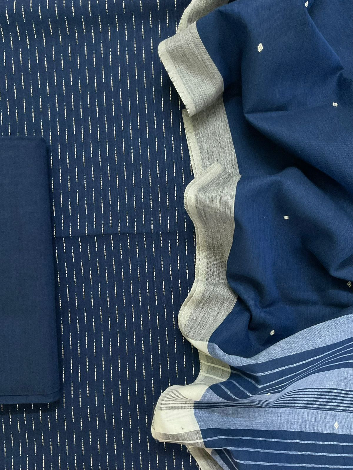 Pure Handloom Cotton Self Weaved Suit - Blue