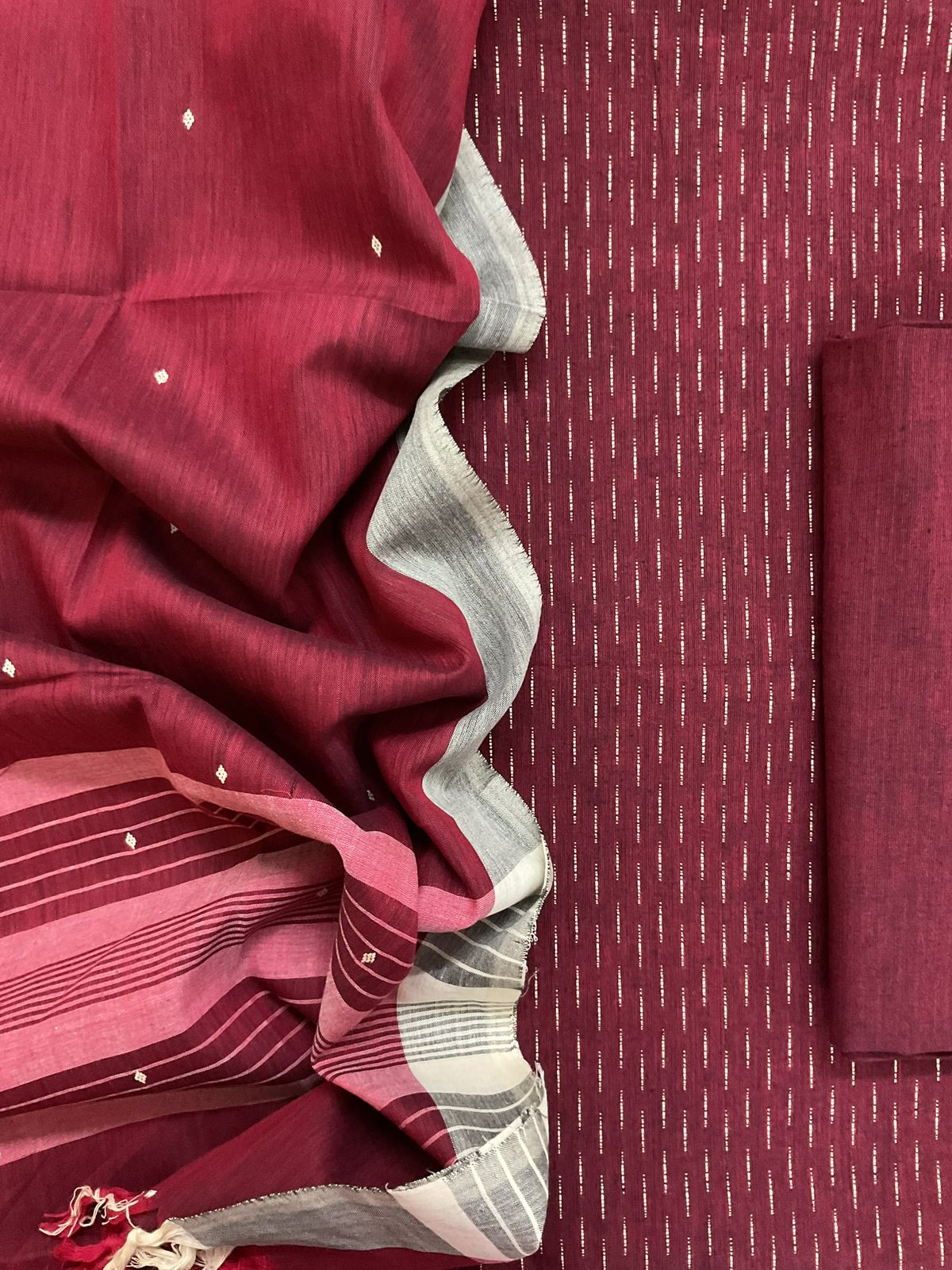 Pure Handloom Cotton Self Weaved Suit - Maroon
