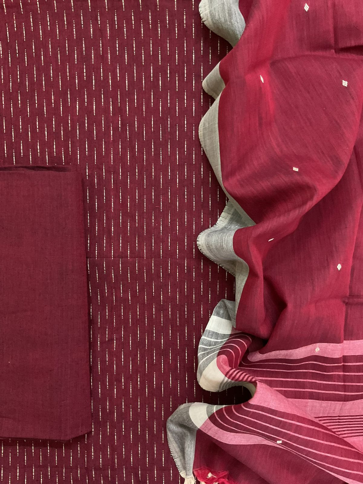 Pure Handloom Cotton Self Weaved Suit - Maroon