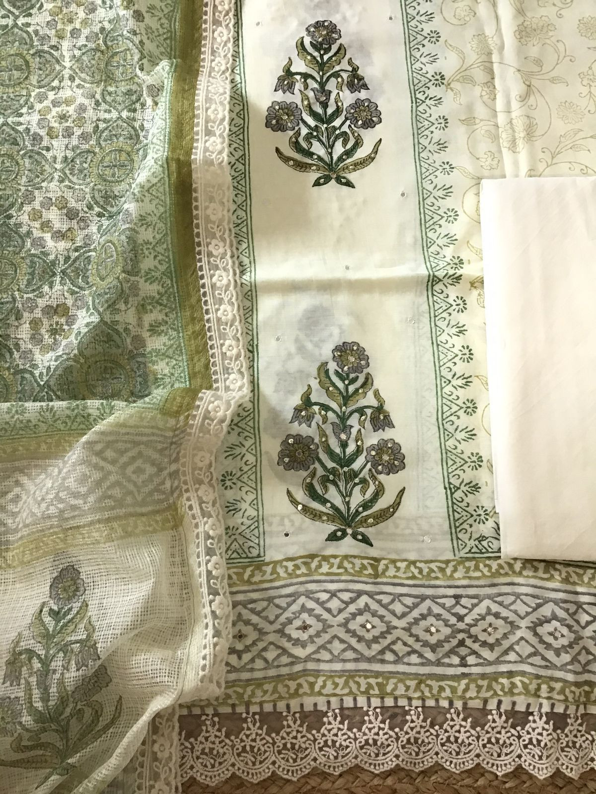 Pure Muslin Printed Embroidered Suit - Off White