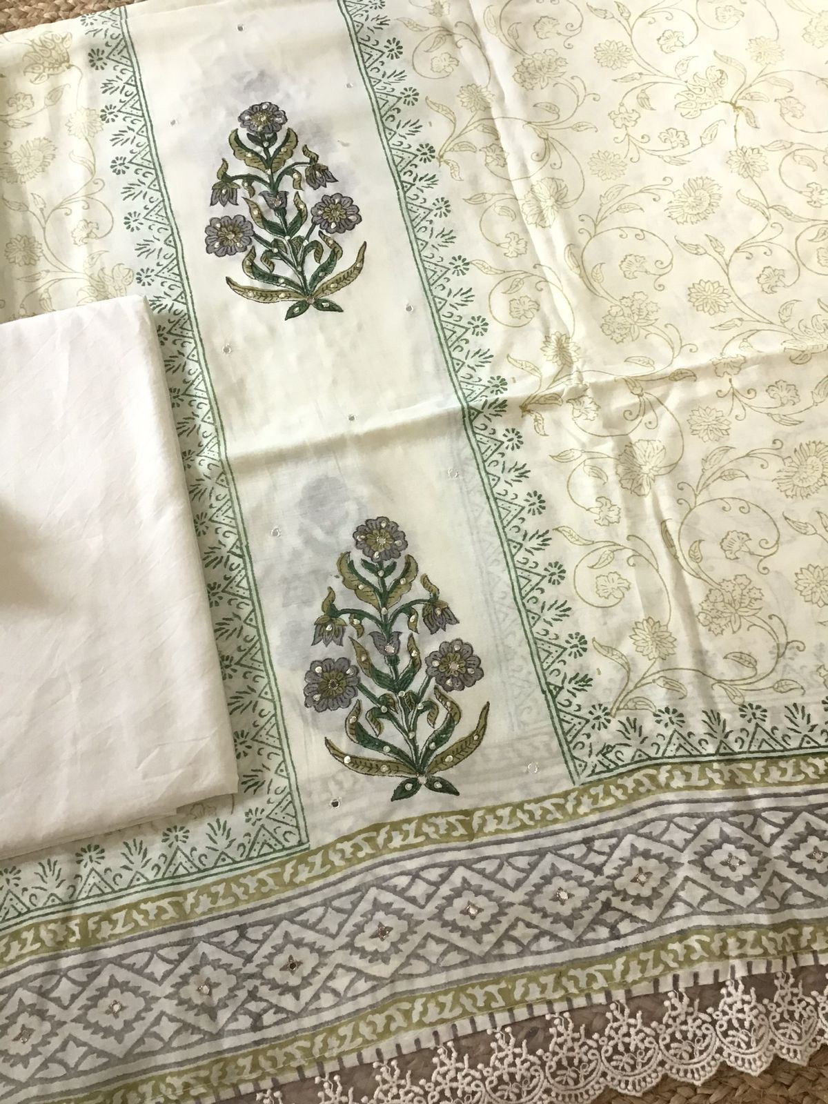 Pure Muslin Printed Embroidered Suit - Off White