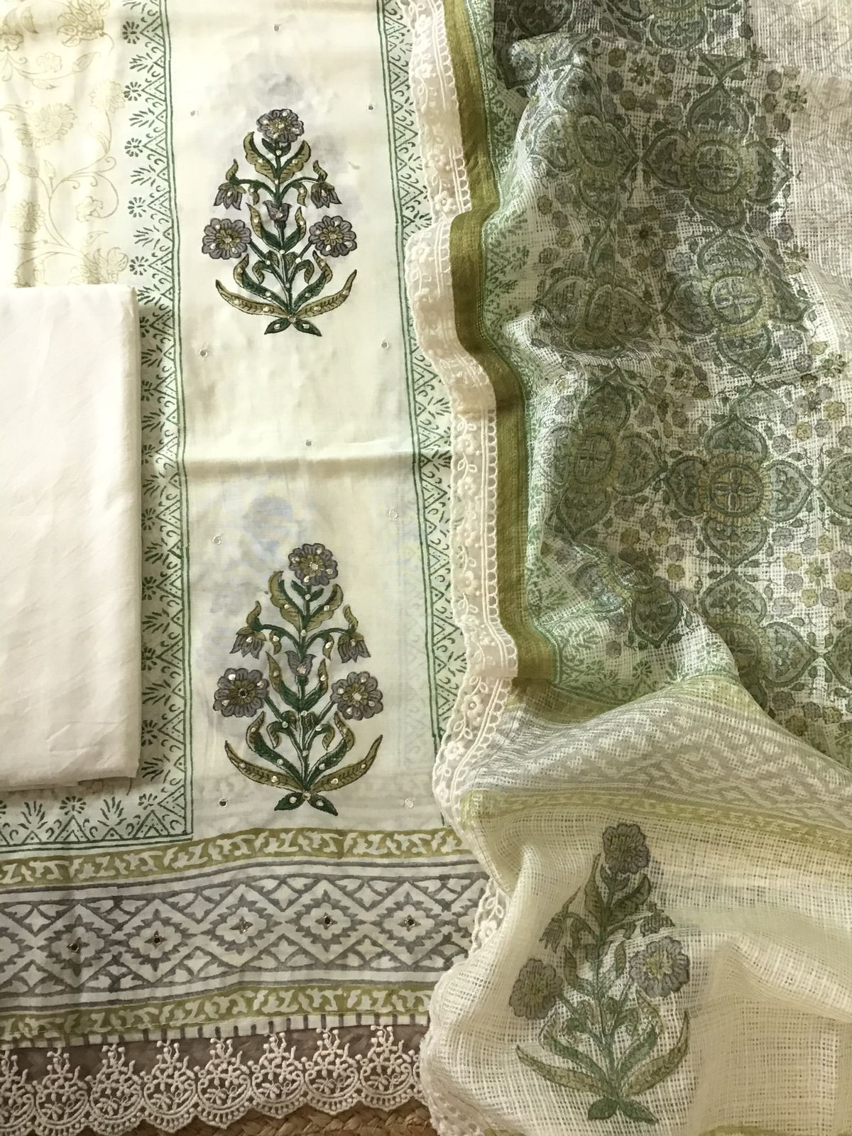 Pure Muslin Printed Embroidered Suit - Off White