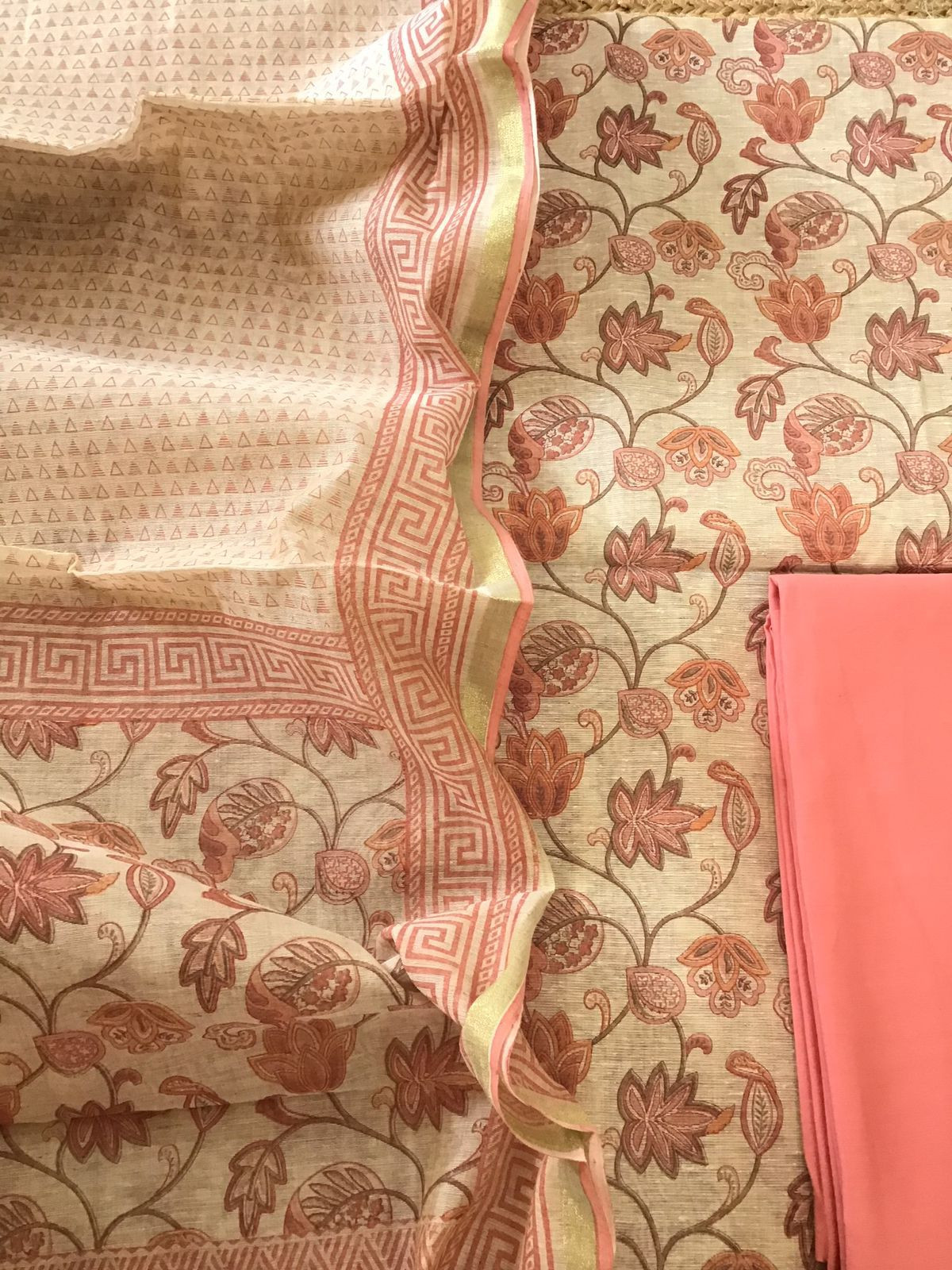 Soft Fine Slub Chanderi Printed Suit - Beige