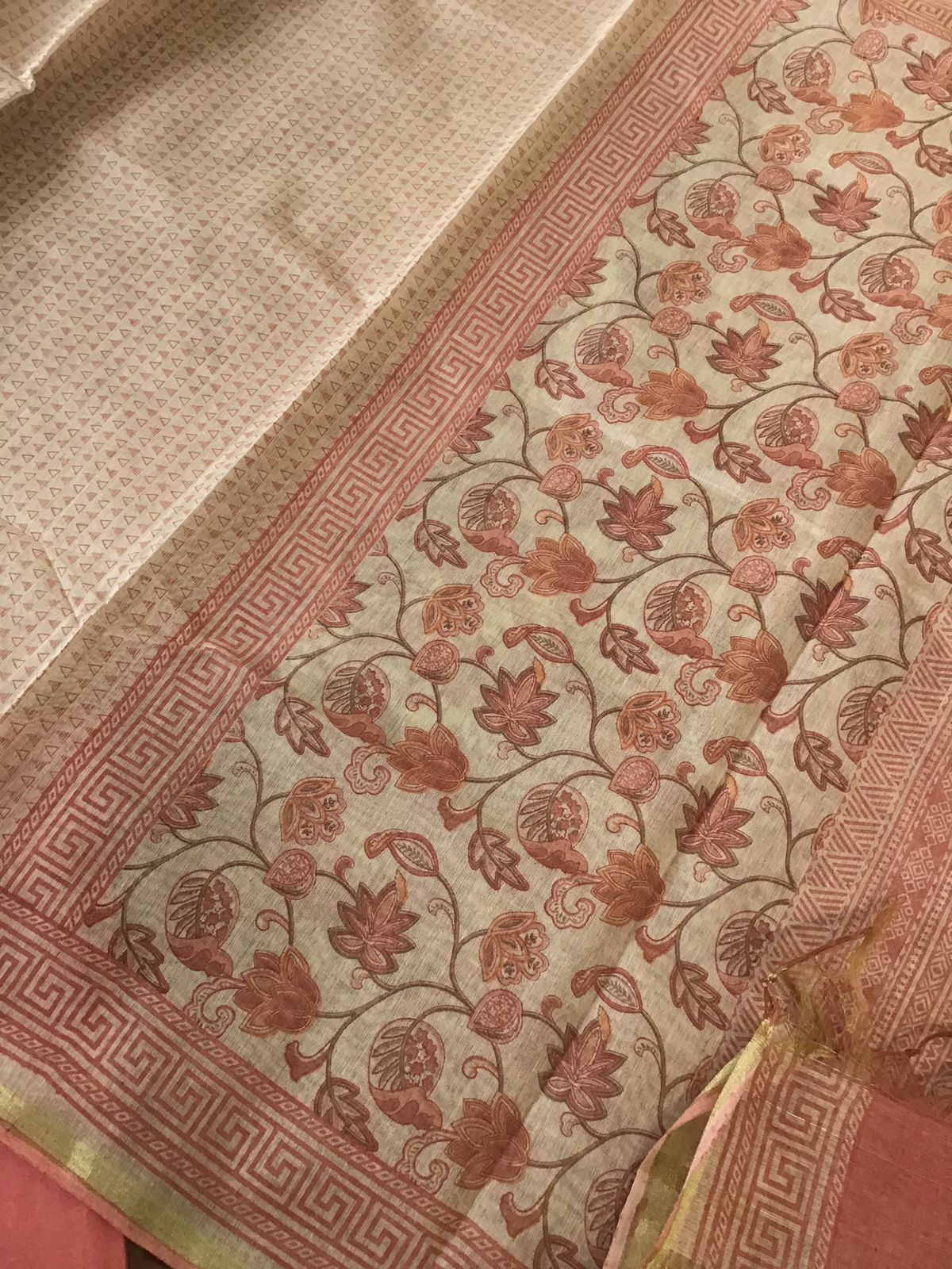 Soft Fine Slub Chanderi Printed Suit - Beige