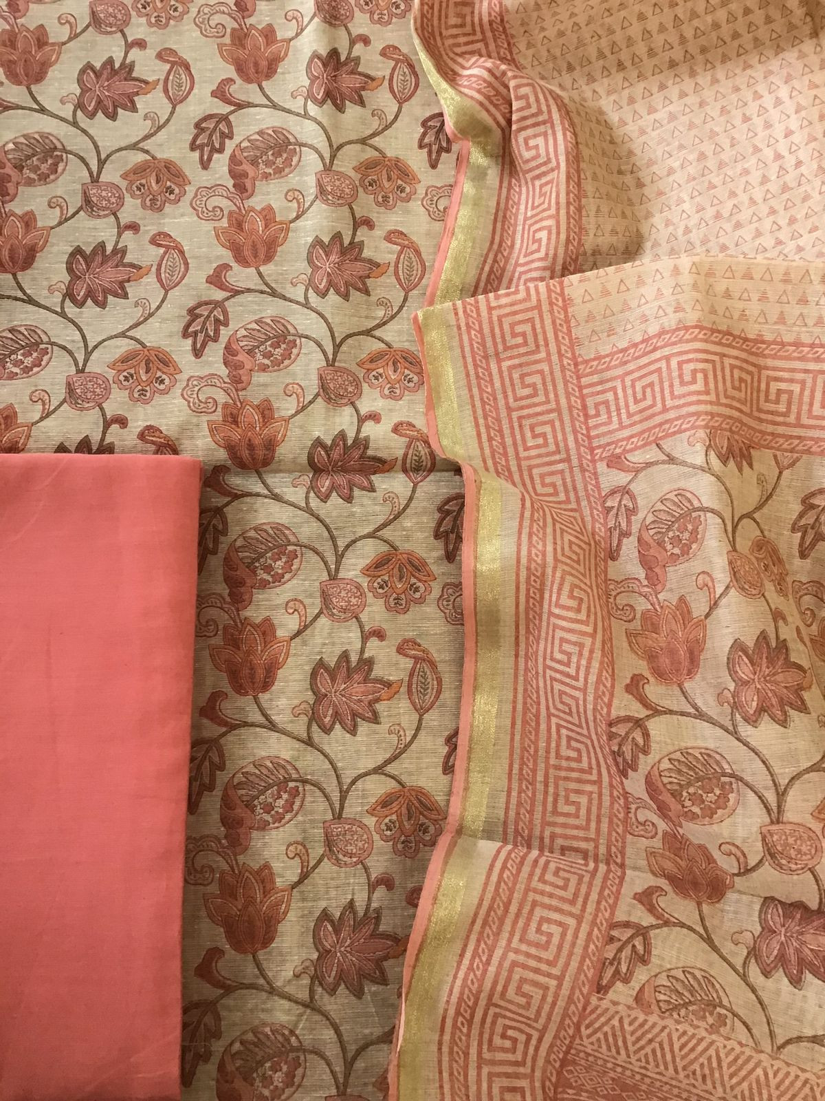 Soft Fine Slub Chanderi Printed Suit - Beige