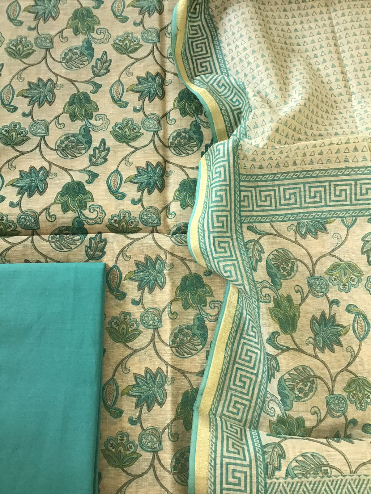 Soft Fine Slub Chanderi Printed Suit - Beige