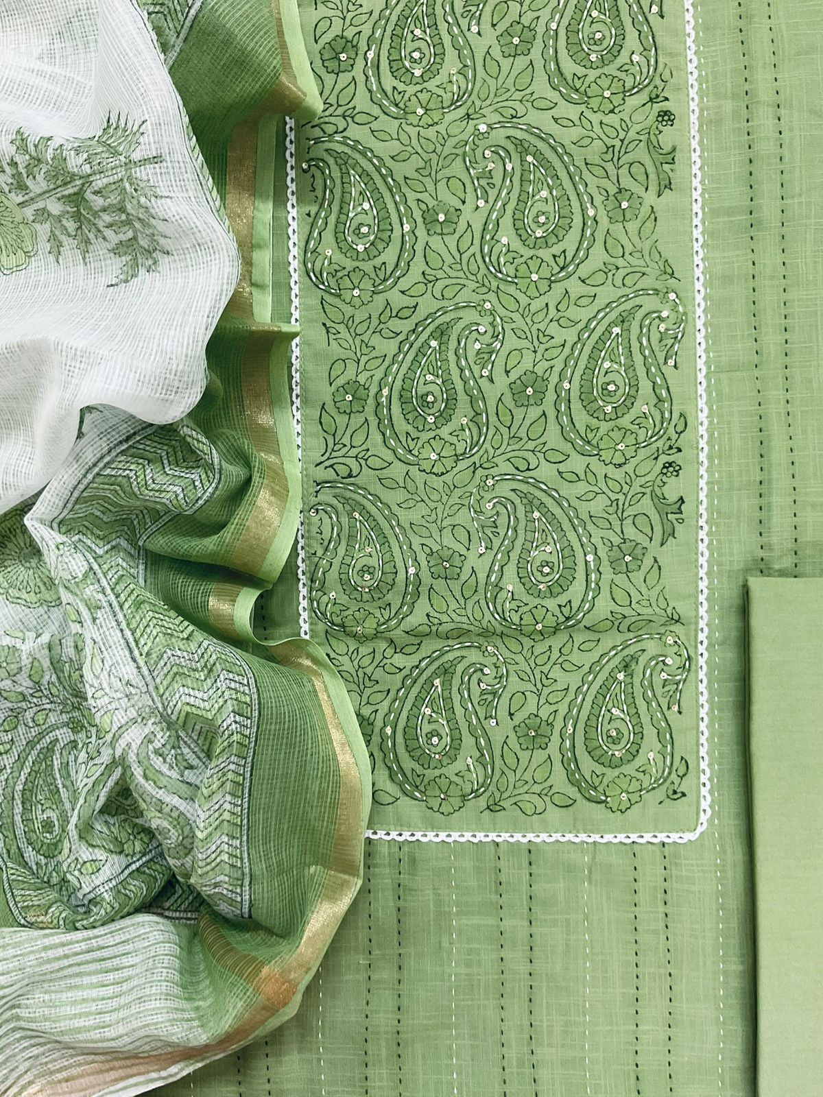 Pure Handloom Cotton Printed Embroidered Suit - Green