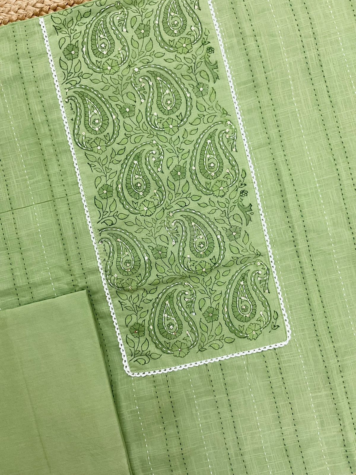 Pure Handloom Cotton Printed Embroidered Suit - Green