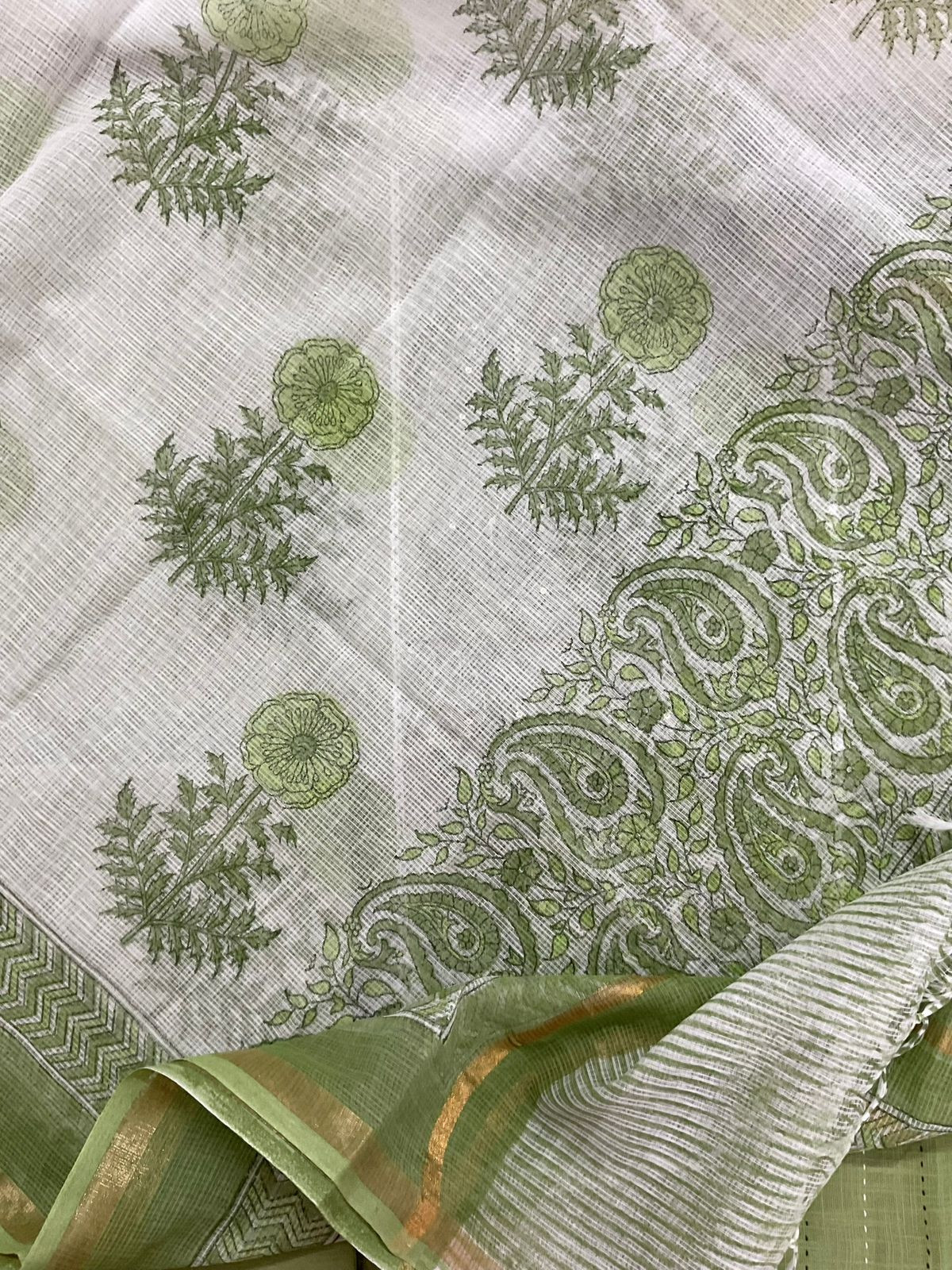 Pure Handloom Cotton Printed Embroidered Suit - Green