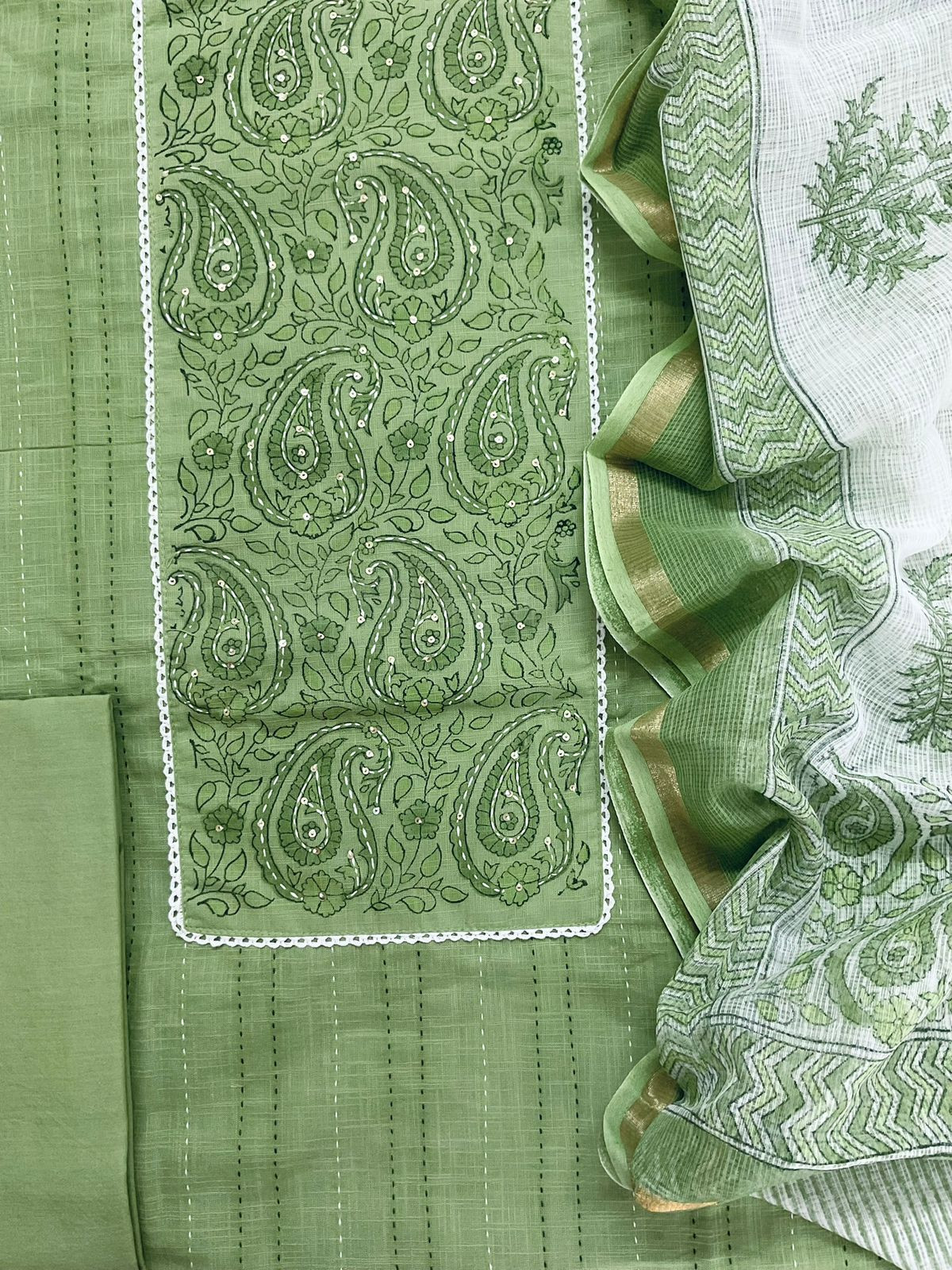 Pure Handloom Cotton Printed Embroidered Suit - Green