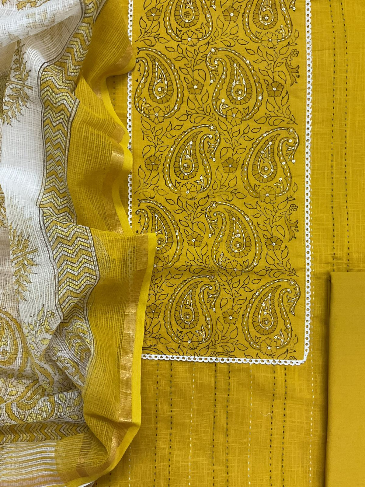 Pure Handloom Cotton Printed Embroidered Suit - Yellow