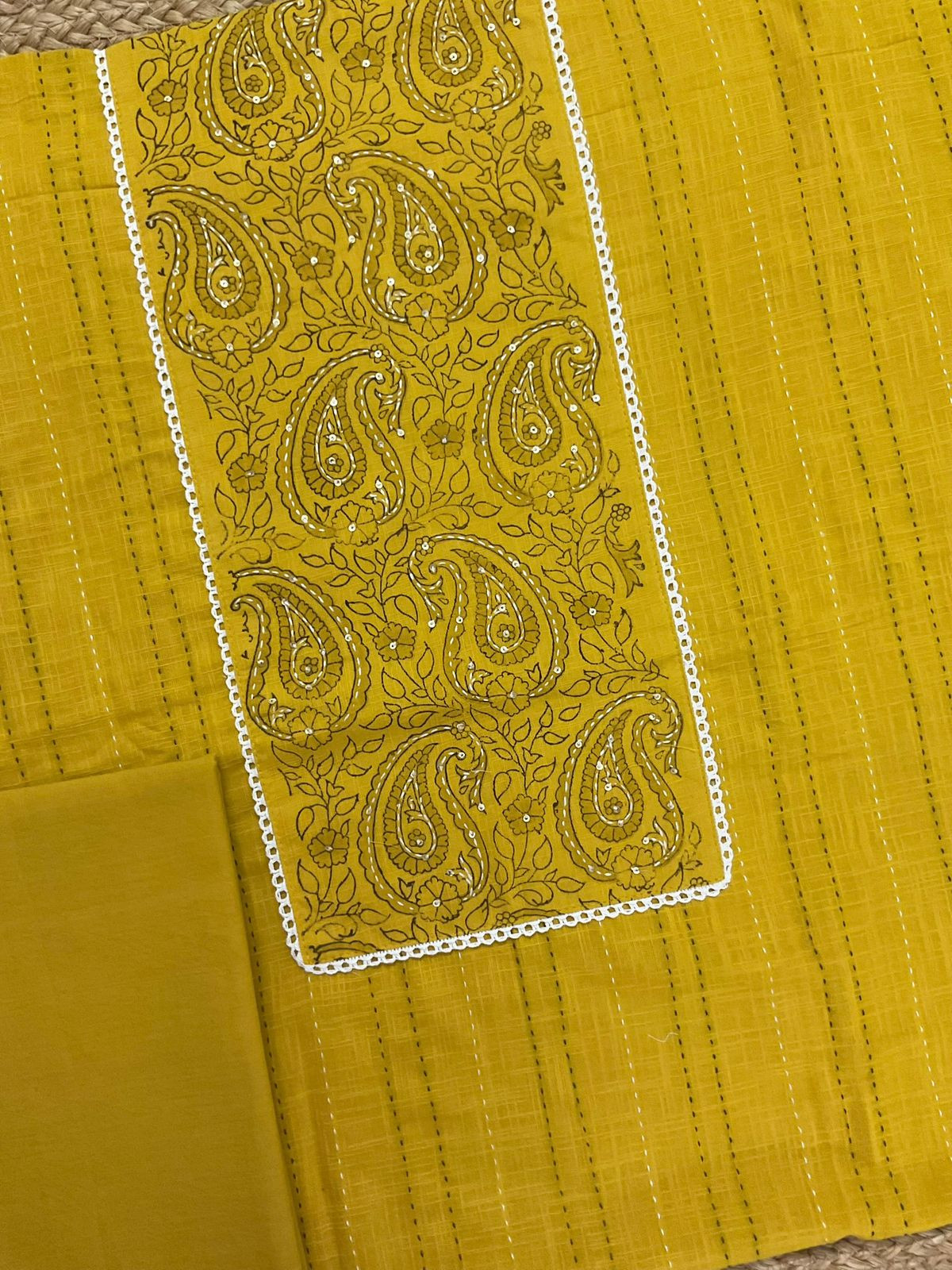 Pure Handloom Cotton Printed Embroidered Suit - Yellow