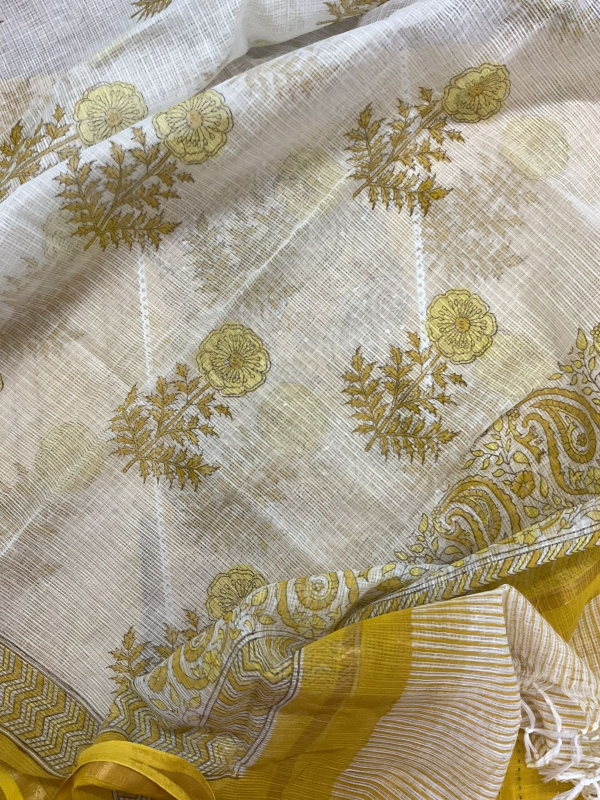 Pure Handloom Cotton Printed Embroidered Suit - Yellow