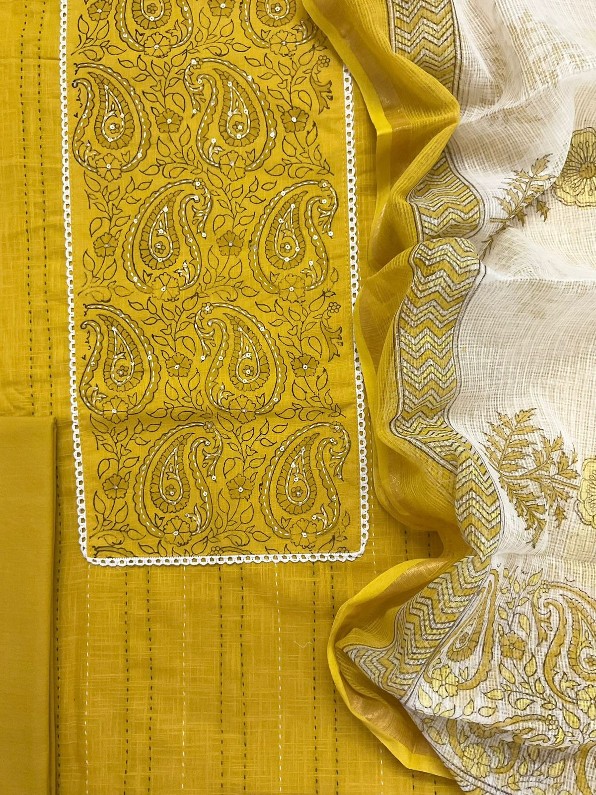 Pure Handloom Cotton Printed Embroidered Suit - Yellow