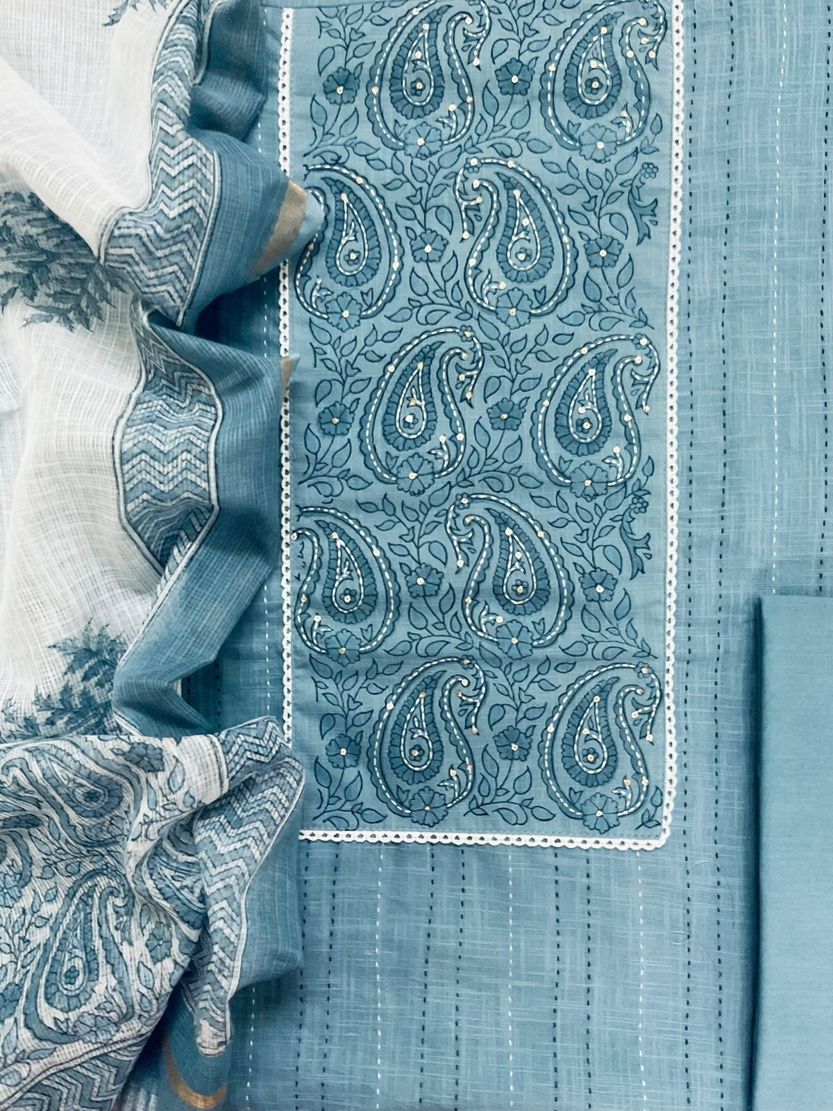 Pure Handloom Cotton Printed Embroidered Suit - Blue