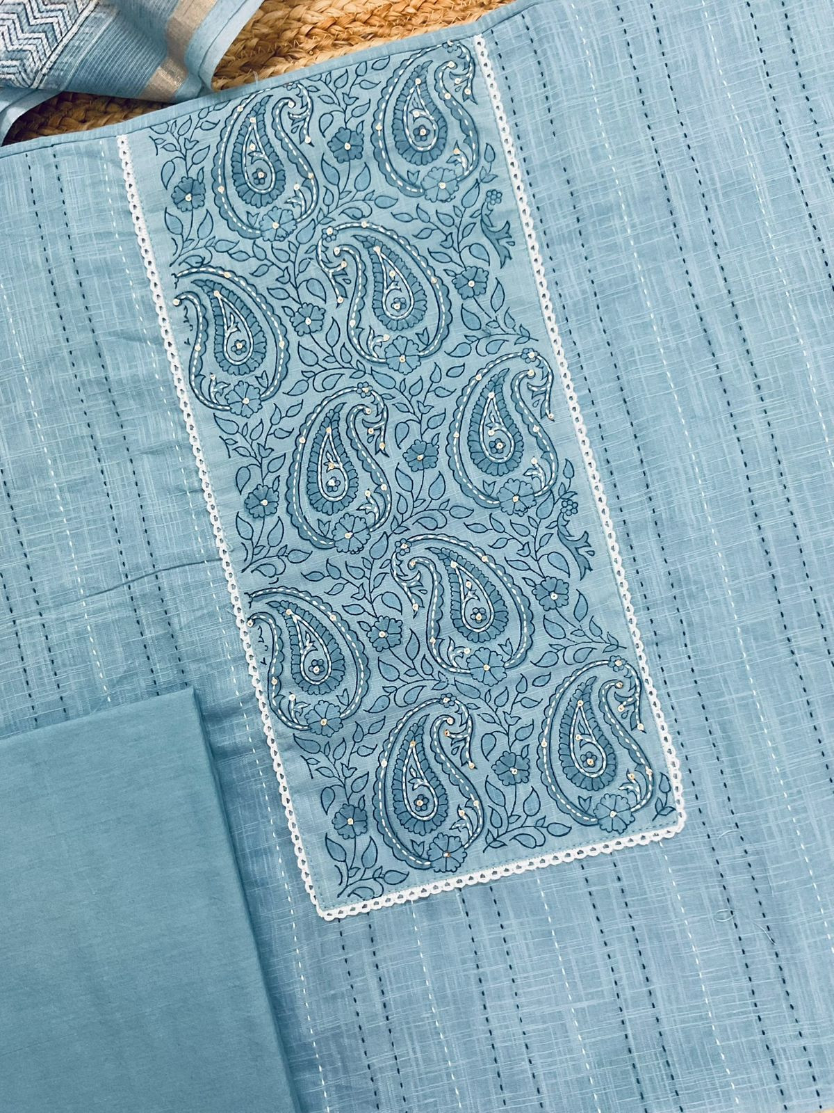 Pure Handloom Cotton Printed Embroidered Suit - Blue