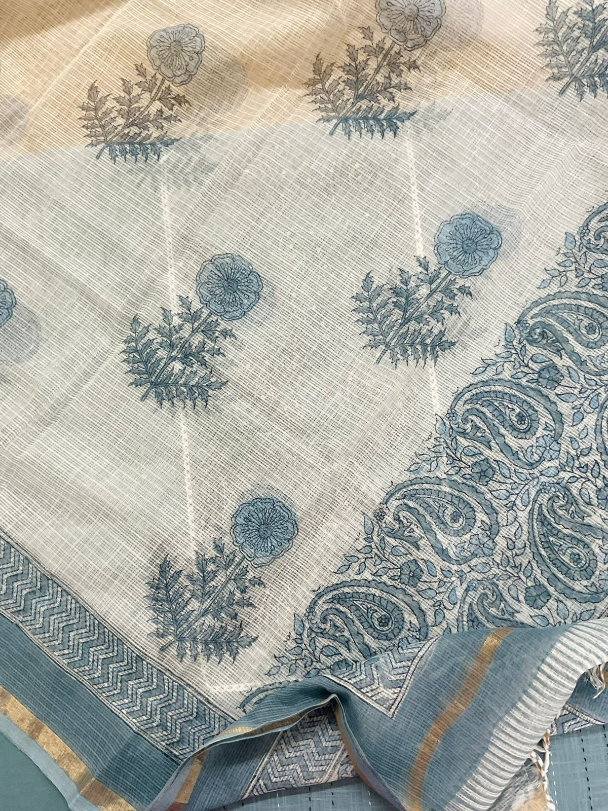 Pure Handloom Cotton Printed Embroidered Suit - Blue