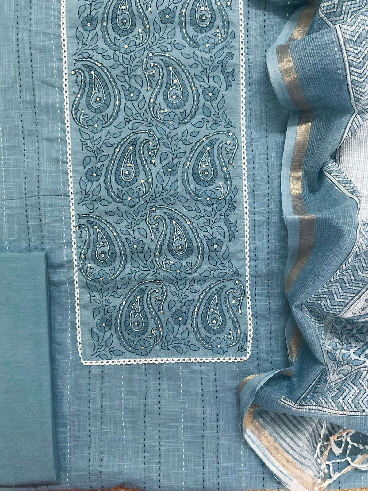 Pure Handloom Cotton Printed Embroidered Suit - Blue