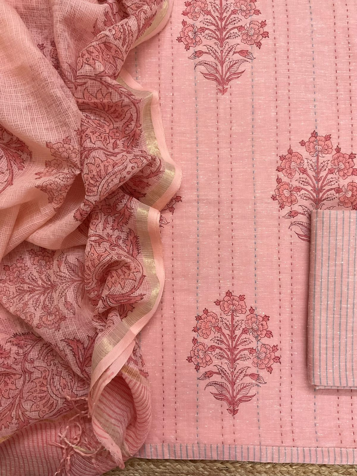 Pure Handloom Cotton Printed Embroidered Suit - Pink
