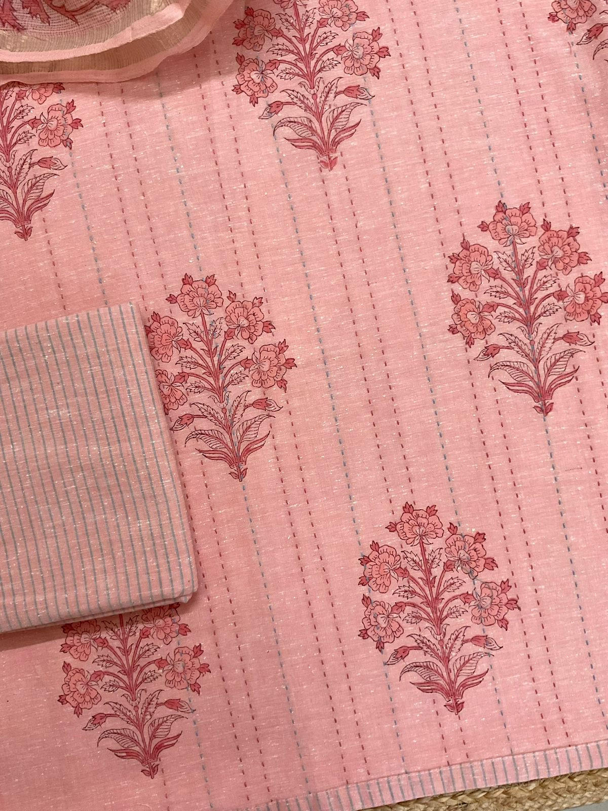 Pure Handloom Cotton Printed Embroidered Suit - Pink