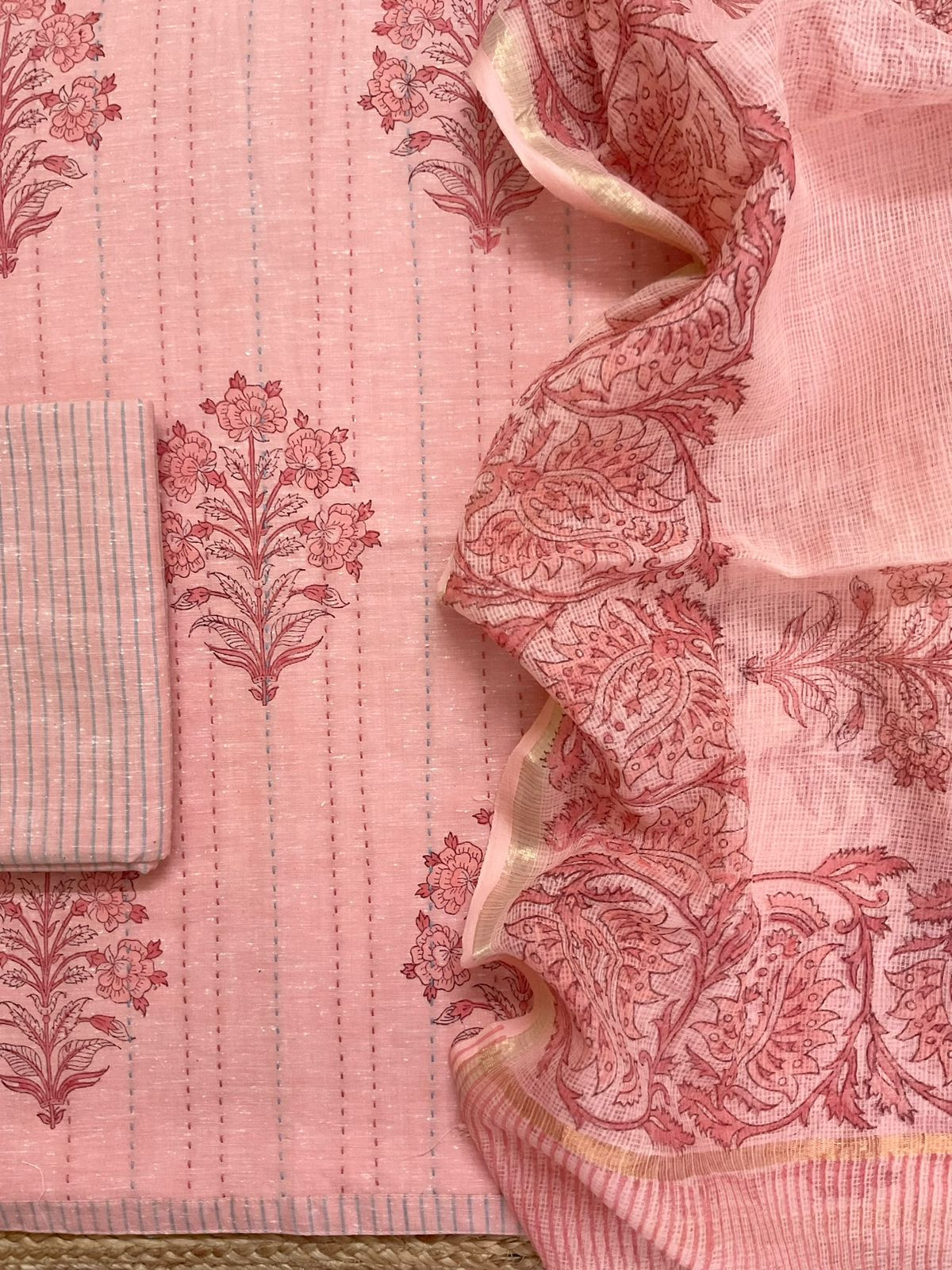 Pure Handloom Cotton Printed Embroidered Suit - Pink