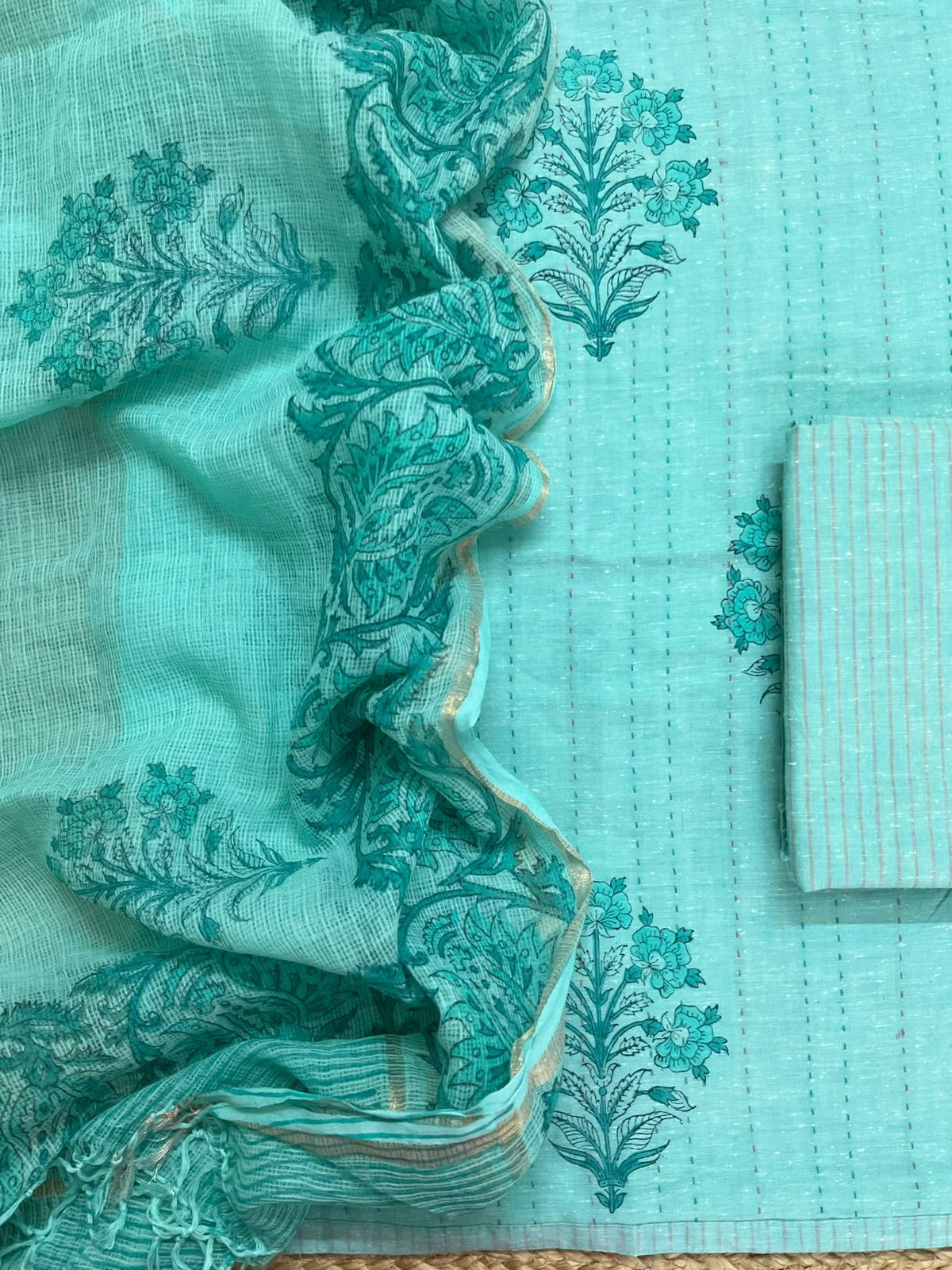 Pure Handloom Cotton Printed Embroidered Suit - Blue