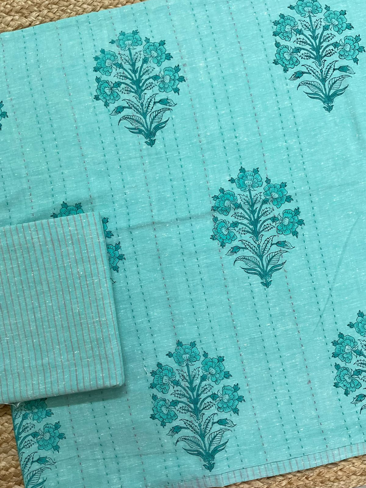 Pure Handloom Cotton Printed Embroidered Suit - Blue