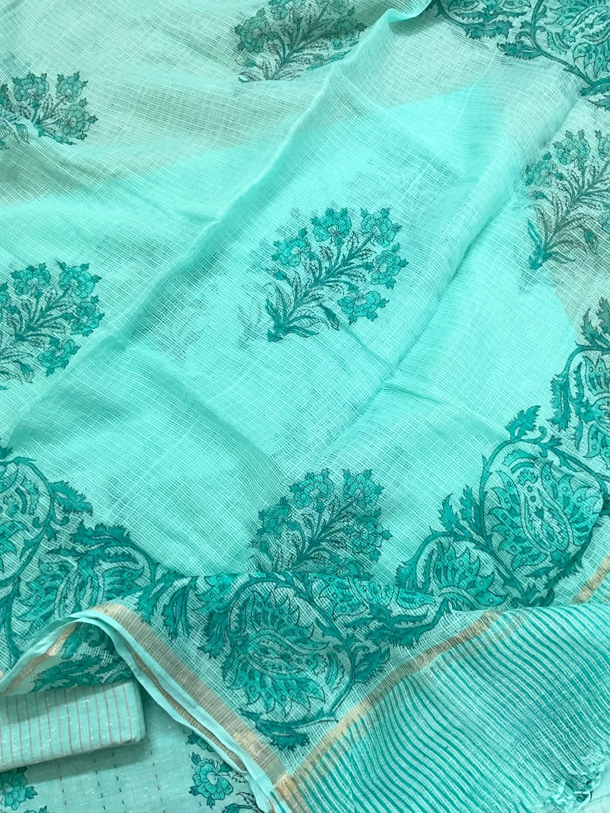 Pure Handloom Cotton Printed Embroidered Suit - Blue