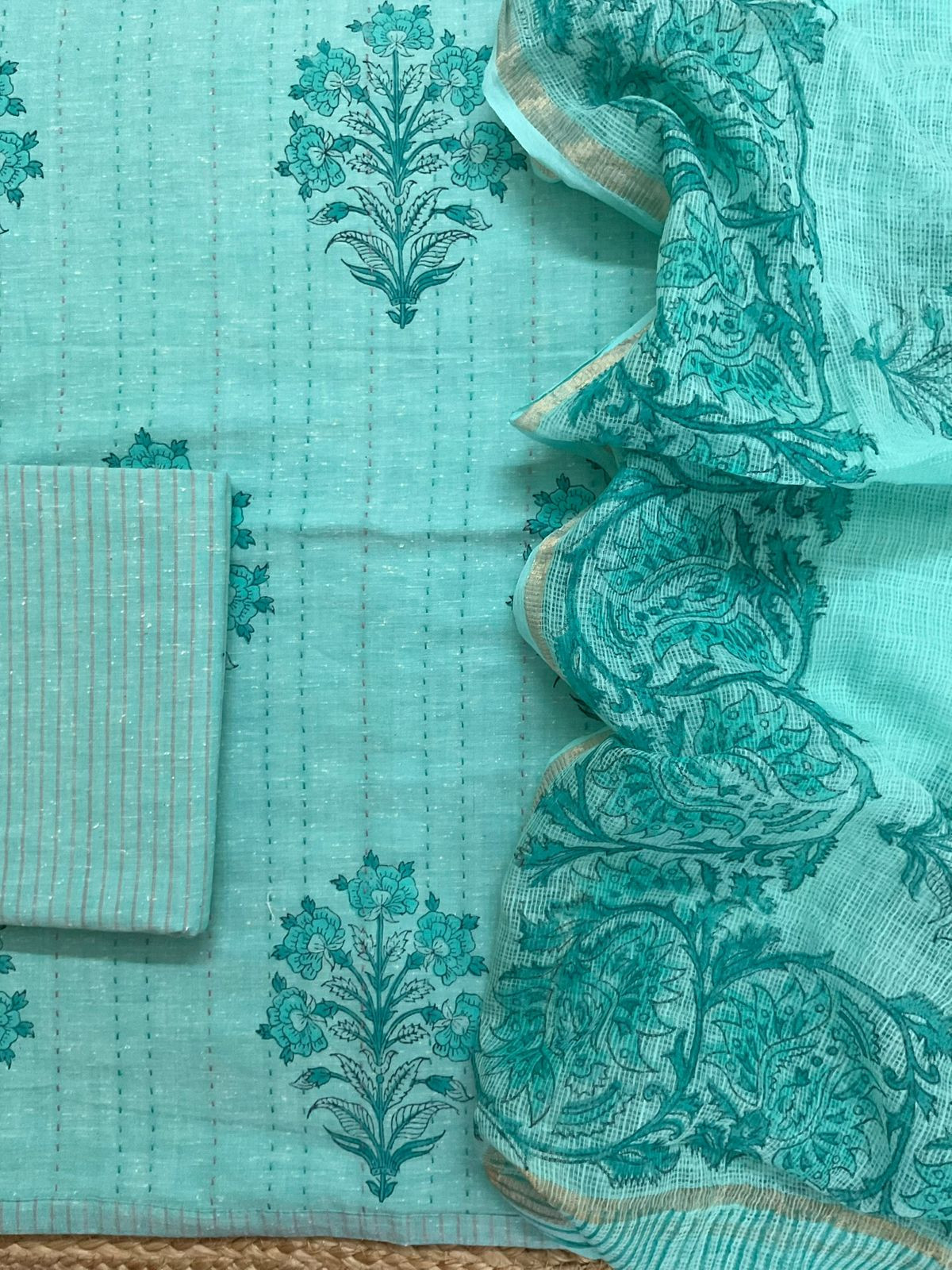 Pure Handloom Cotton Printed Embroidered Suit - Blue