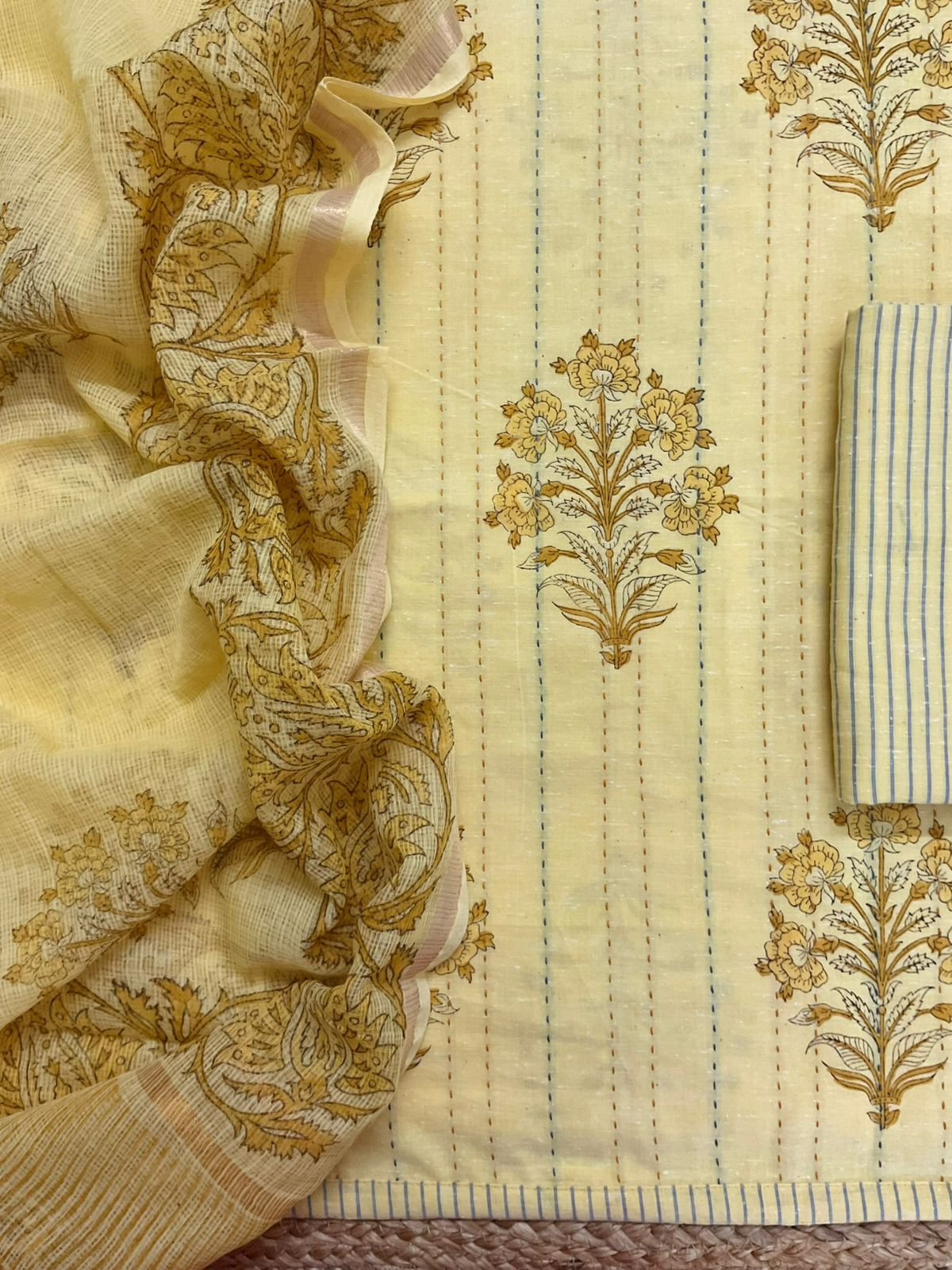 Pure Handloom Cotton Printed Embroidered Suit - Yellow