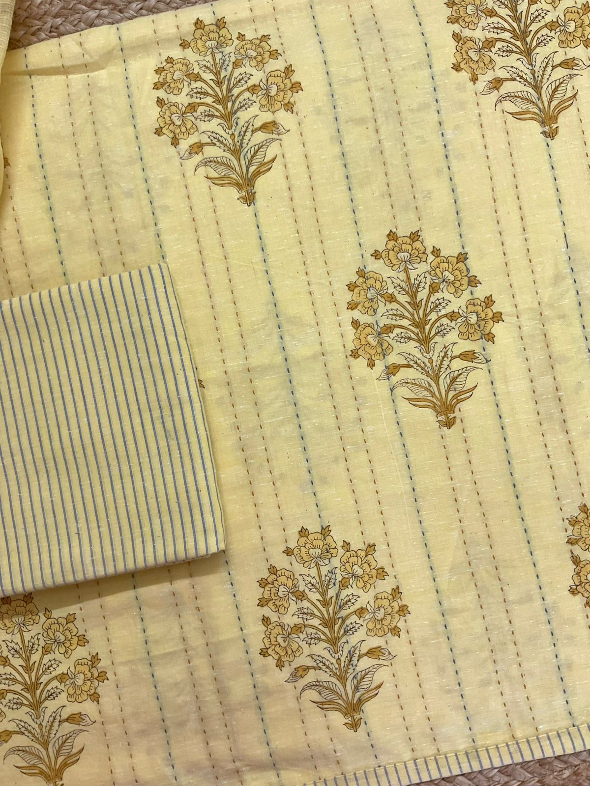 Pure Handloom Cotton Printed Embroidered Suit - Yellow