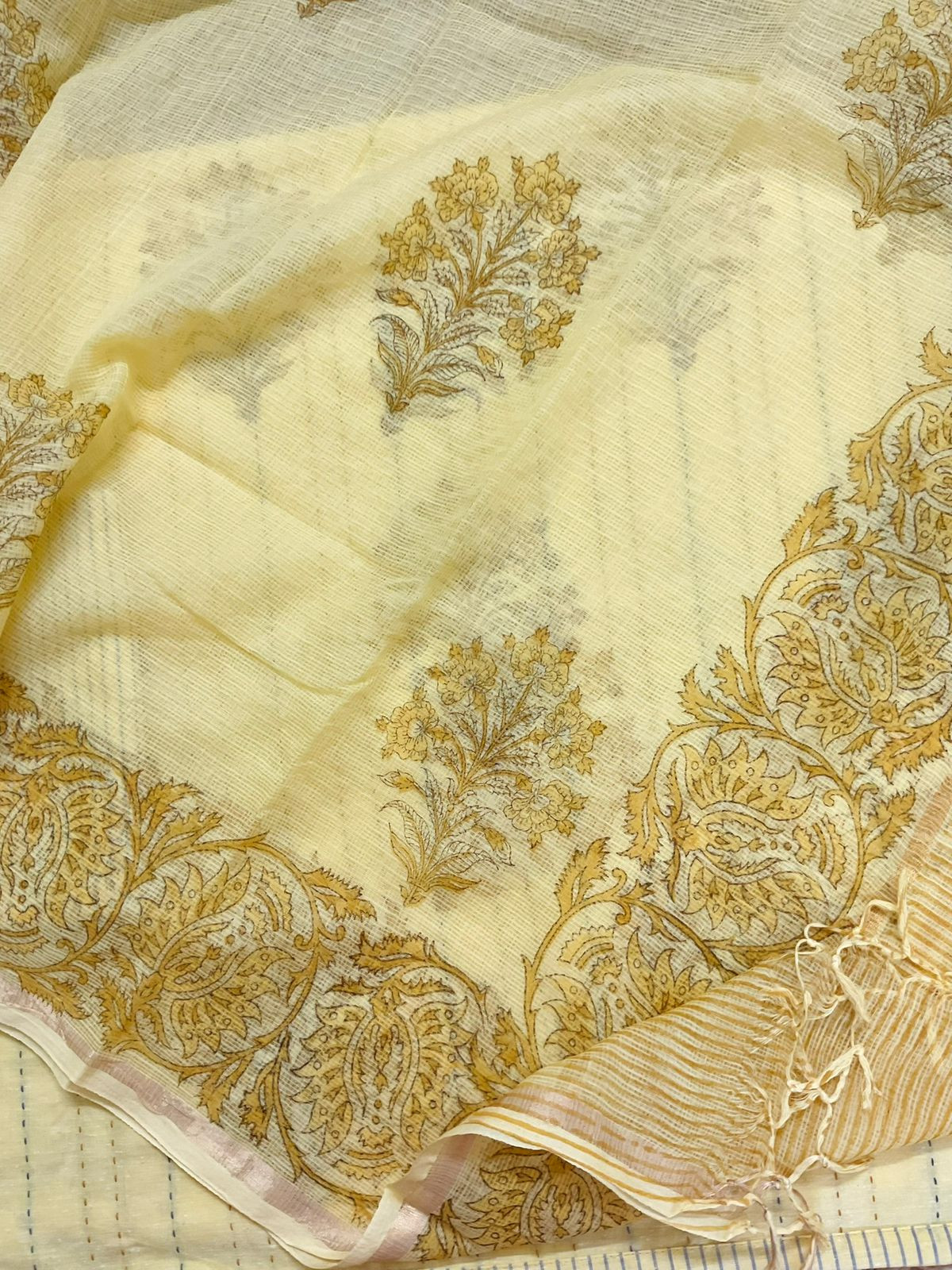 Pure Handloom Cotton Printed Embroidered Suit - Yellow